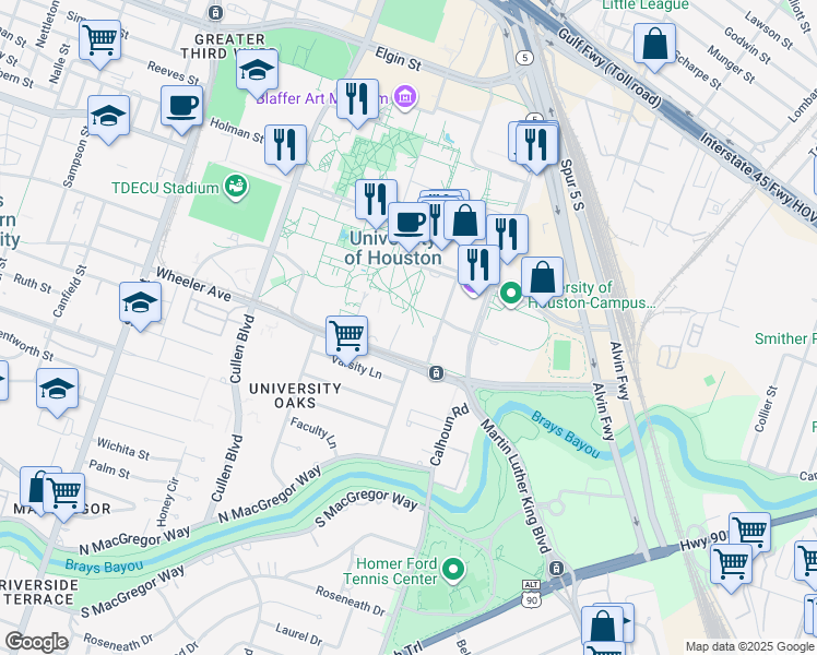 map of restaurants, bars, coffee shops, grocery stores, and more near 4401 Wheeler Avenue in Houston