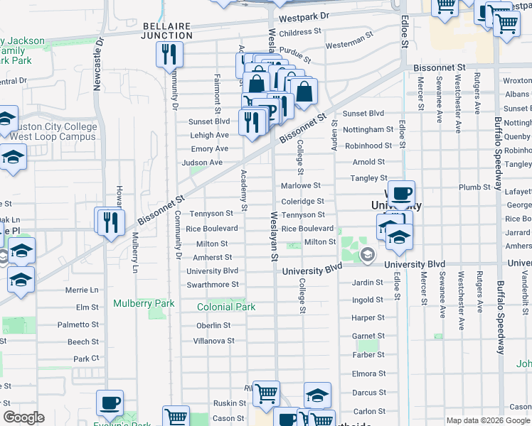 map of restaurants, bars, coffee shops, grocery stores, and more near 4017 Coleridge Street in Houston