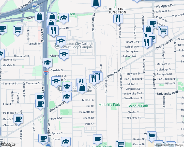 map of restaurants, bars, coffee shops, grocery stores, and more near 5619 Saint Moritz Street in Bellaire