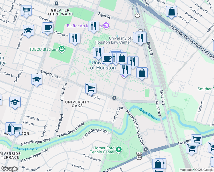 map of restaurants, bars, coffee shops, grocery stores, and more near 4401 Wheeler Avenue in Houston