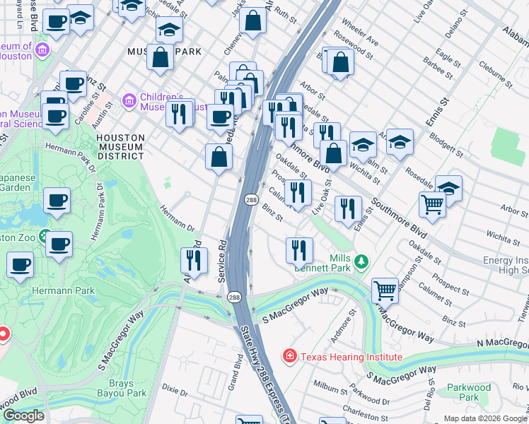 map of restaurants, bars, coffee shops, grocery stores, and more near 2412 Binz Street in Houston