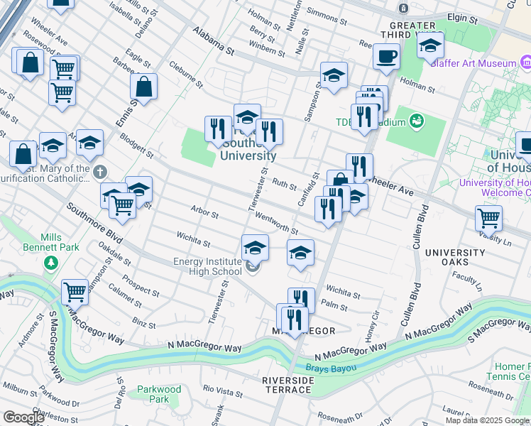 map of restaurants, bars, coffee shops, grocery stores, and more near 3515 Wentworth Street in Houston