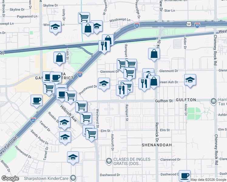 map of restaurants, bars, coffee shops, grocery stores, and more near 6200 Gulfton Street in Houston