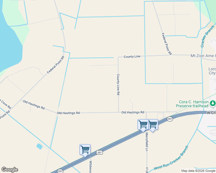 map of restaurants, bars, coffee shops, grocery stores, and more near 760 County Line Road in East Palatka