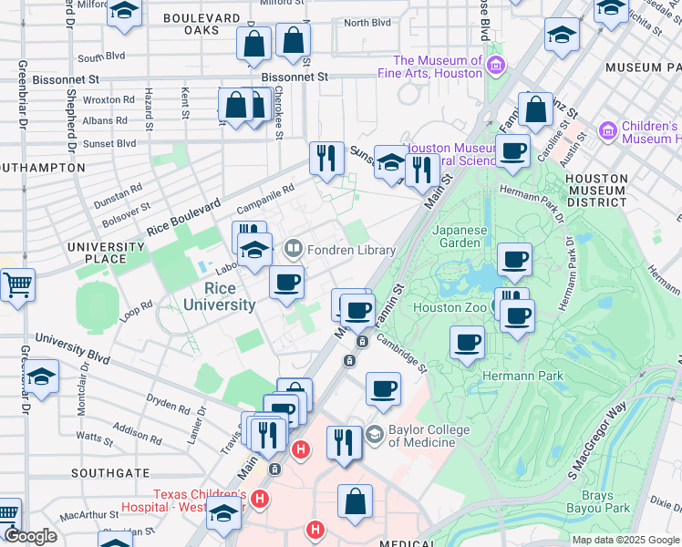 map of restaurants, bars, coffee shops, grocery stores, and more near College Way in Houston
