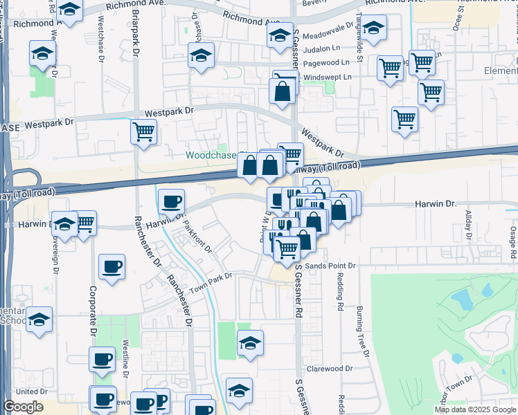 map of restaurants, bars, coffee shops, grocery stores, and more near 10101 Harwin Drive in Houston