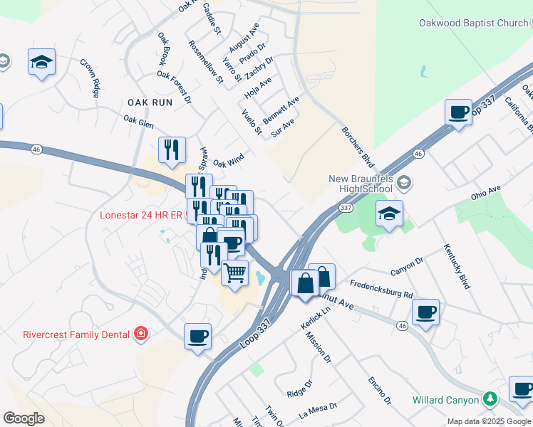 map of restaurants, bars, coffee shops, grocery stores, and more near 1661 Independence Drive in New Braunfels