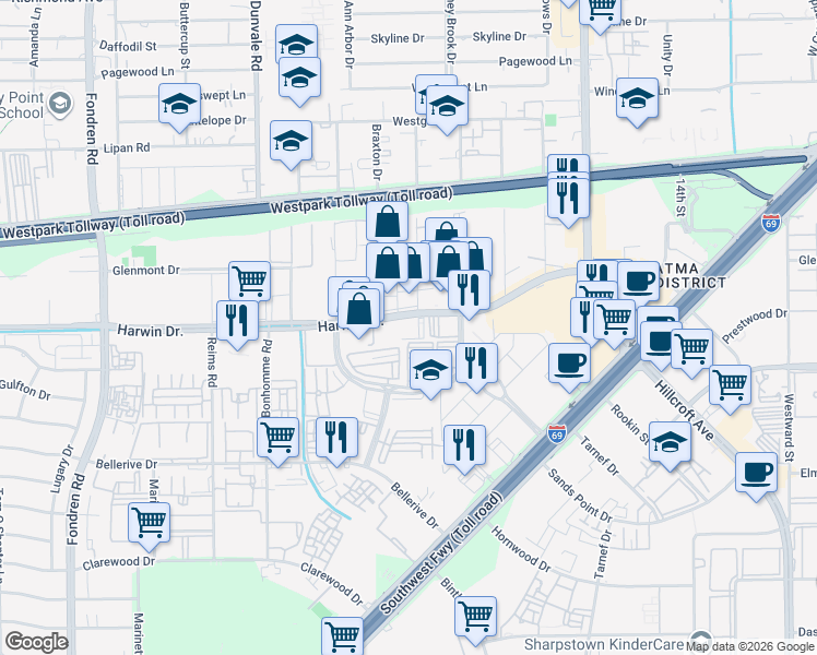 map of restaurants, bars, coffee shops, grocery stores, and more near 7111 Harwin Drive in Houston