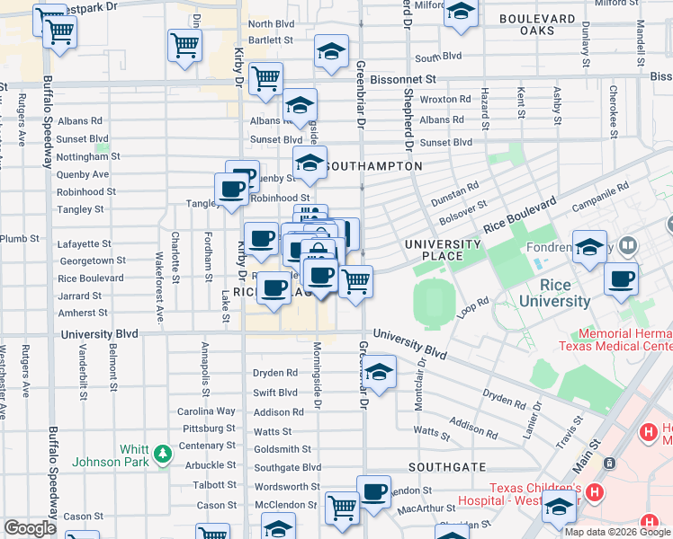 map of restaurants, bars, coffee shops, grocery stores, and more near 2356 Rice Boulevard in Houston