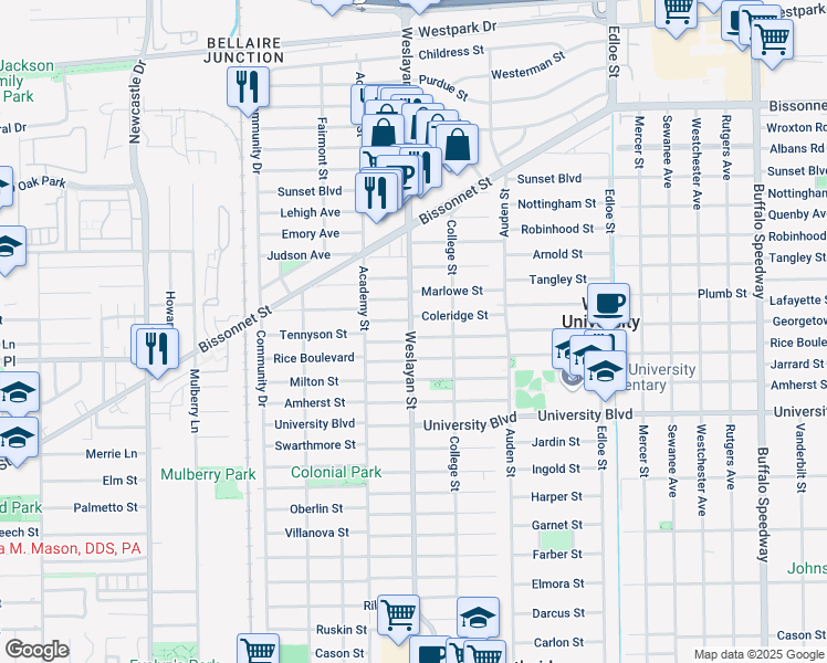 map of restaurants, bars, coffee shops, grocery stores, and more near 3919 Coleridge Street in Houston