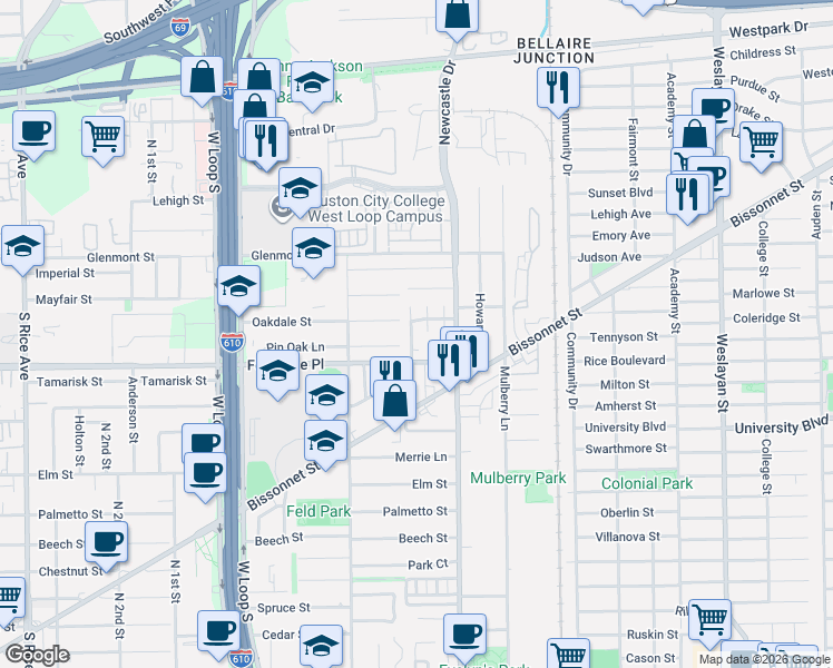 map of restaurants, bars, coffee shops, grocery stores, and more near 5619 Saint Moritz Street in Bellaire