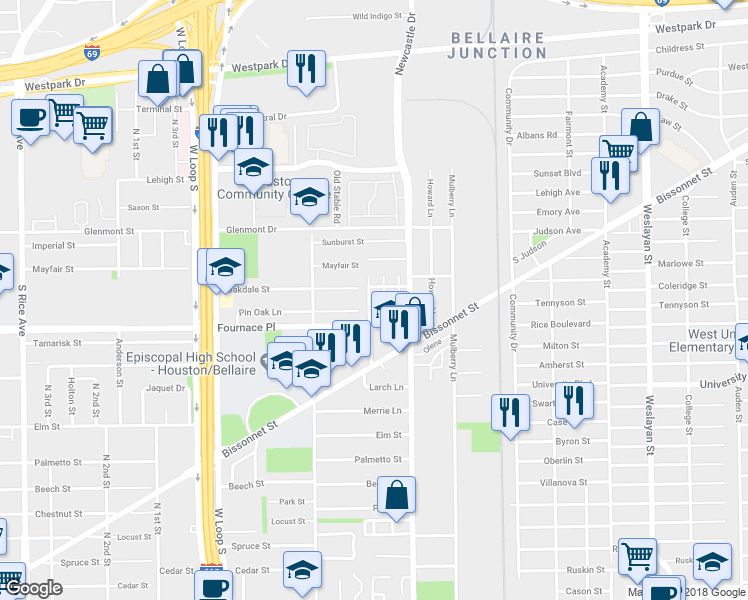 map of restaurants, bars, coffee shops, grocery stores, and more near 5619 Saint Moritz Street in Bellaire