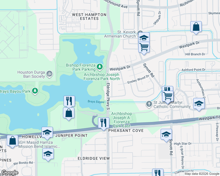 map of restaurants, bars, coffee shops, grocery stores, and more near 3706 Kingston Vale Drive in Houston