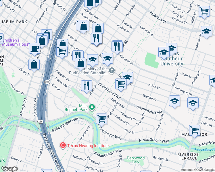 map of restaurants, bars, coffee shops, grocery stores, and more near 3115 Southmore Boulevard in Houston