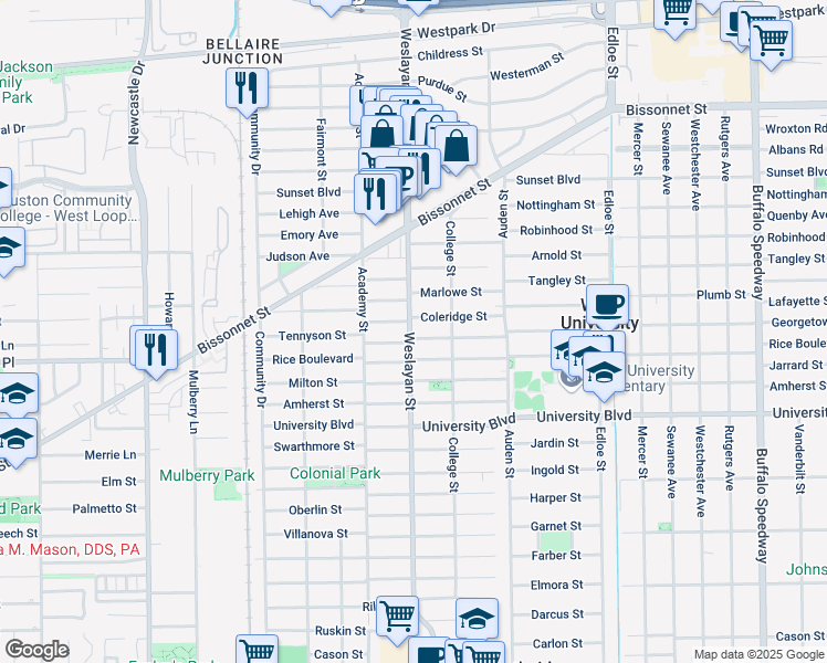 map of restaurants, bars, coffee shops, grocery stores, and more near 3919 Coleridge Street in Houston