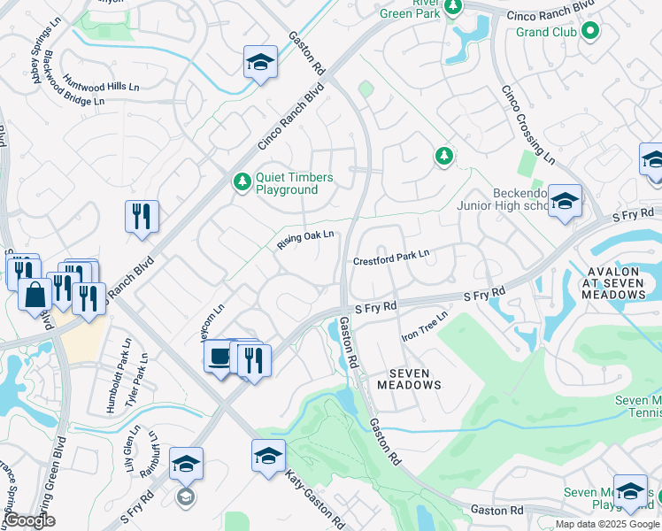 map of restaurants, bars, coffee shops, grocery stores, and more near 5502 Plumero Meadow Drive in Katy