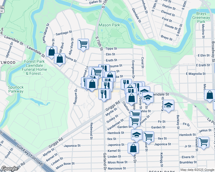 map of restaurants, bars, coffee shops, grocery stores, and more near 800 South 76th Street in Houston