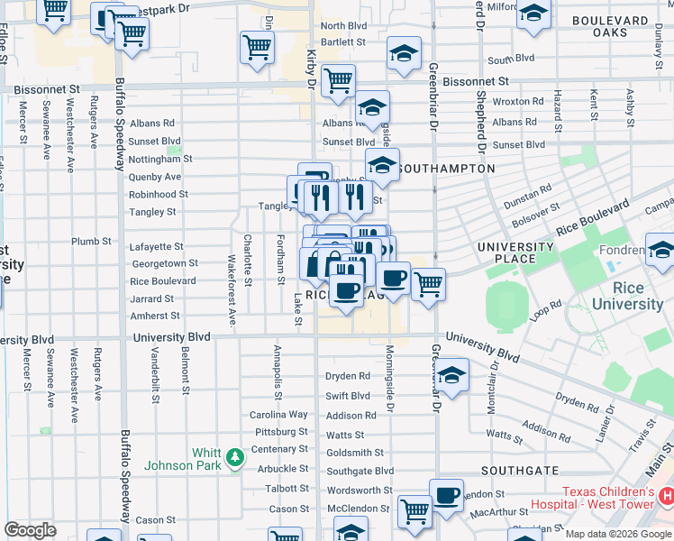 map of restaurants, bars, coffee shops, grocery stores, and more near 6011 Kirby Drive in Houston