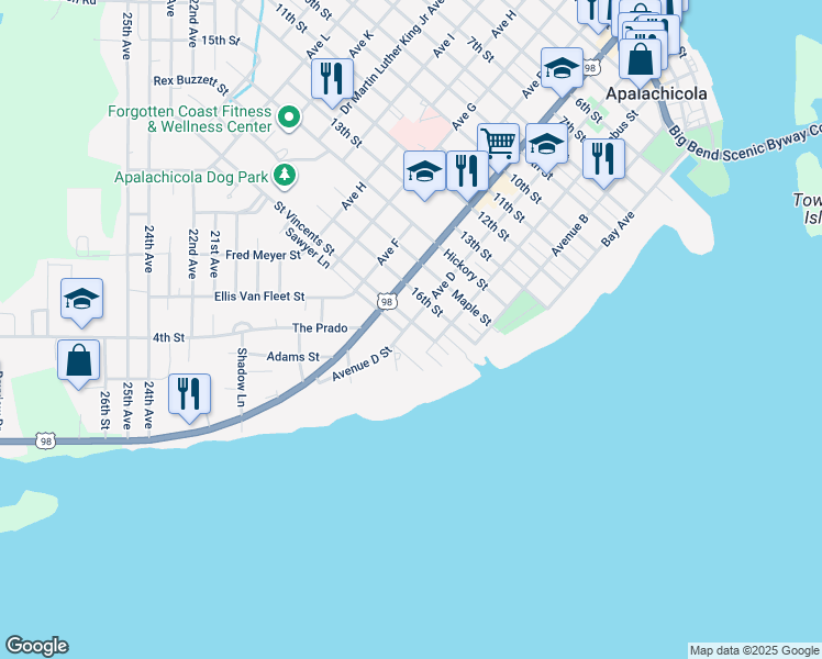 map of restaurants, bars, coffee shops, grocery stores, and more near 58 Saint Vincents Street in Apalachicola