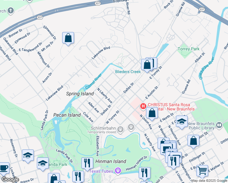 map of restaurants, bars, coffee shops, grocery stores, and more near 959 North Union Avenue in New Braunfels