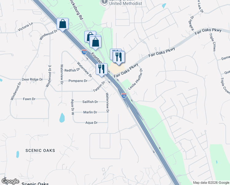 map of restaurants, bars, coffee shops, grocery stores, and more near 28275 Frontage Road in Boerne
