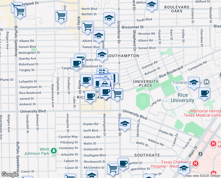 map of restaurants, bars, coffee shops, grocery stores, and more near 2356 Rice Boulevard in Houston
