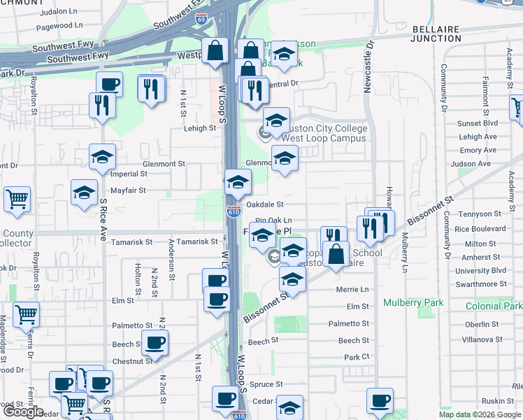 map of restaurants, bars, coffee shops, grocery stores, and more near 4625 Oakdale St in Bellaire
