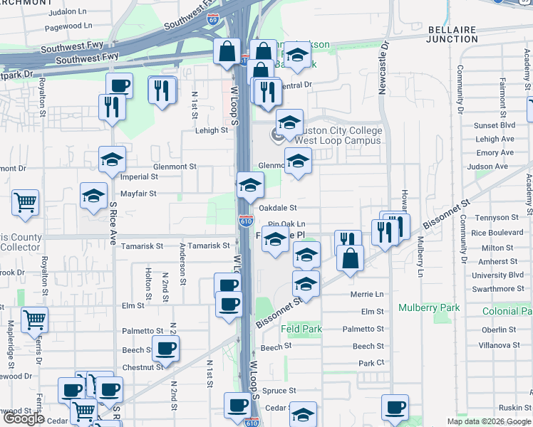 map of restaurants, bars, coffee shops, grocery stores, and more near 4625 Oakdale Street in Bellaire