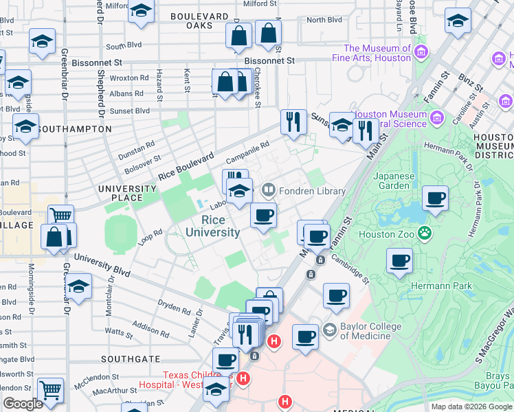 map of restaurants, bars, coffee shops, grocery stores, and more near in Houston