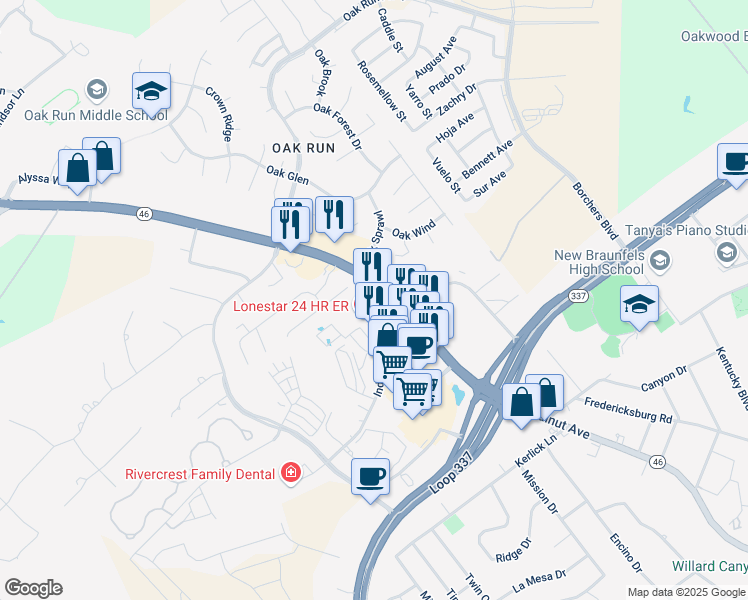 map of restaurants, bars, coffee shops, grocery stores, and more near 1761 Texas 46 in New Braunfels