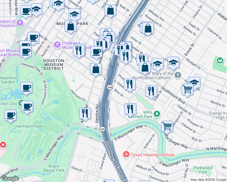 map of restaurants, bars, coffee shops, grocery stores, and more near 2412 Binz Street in Houston