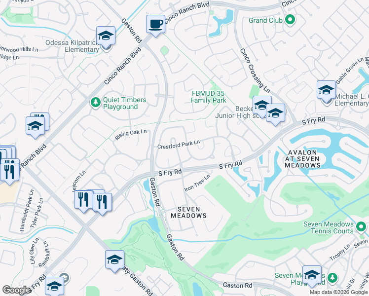 map of restaurants, bars, coffee shops, grocery stores, and more near 5502 Everhart Manor Lane in Katy