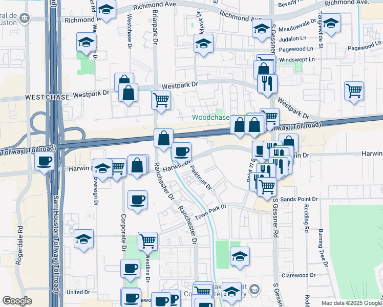 map of restaurants, bars, coffee shops, grocery stores, and more near 5909 Ranchester Drive in Houston