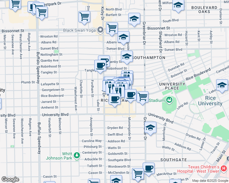 map of restaurants, bars, coffee shops, grocery stores, and more near 5217 Kelvin Drive in Houston