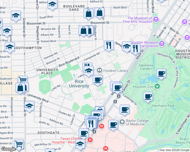 map of restaurants, bars, coffee shops, grocery stores, and more near in Houston