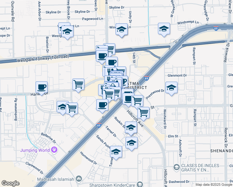 map of restaurants, bars, coffee shops, grocery stores, and more near 5959 Hillcroft Street in Houston