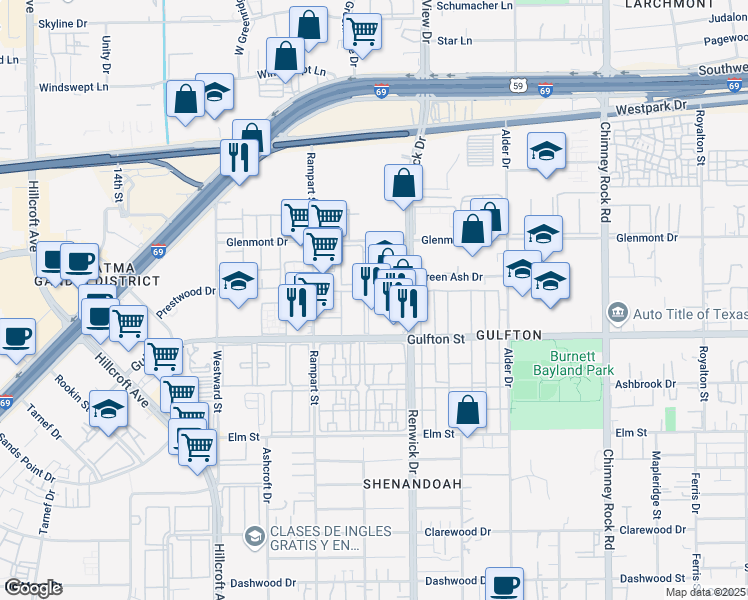map of restaurants, bars, coffee shops, grocery stores, and more near 5970 Renwick Drive in Houston
