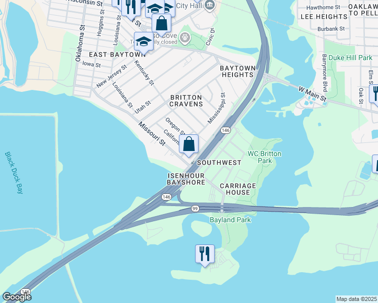 map of restaurants, bars, coffee shops, grocery stores, and more near 1700 California in Baytown