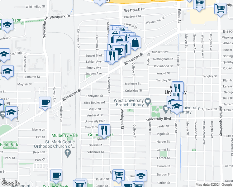 map of restaurants, bars, coffee shops, grocery stores, and more near 4017 Coleridge Street in Houston