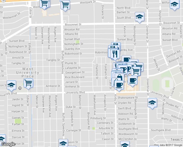 map of restaurants, bars, coffee shops, grocery stores, and more near 2803 Georgetown Street in Houston