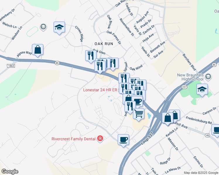 map of restaurants, bars, coffee shops, grocery stores, and more near 2748 Morning Star in New Braunfels