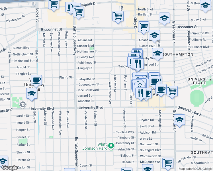 map of restaurants, bars, coffee shops, grocery stores, and more near 2803 Georgetown Street in Houston