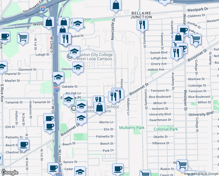 map of restaurants, bars, coffee shops, grocery stores, and more near 5619 Saint Moritz Street in Bellaire