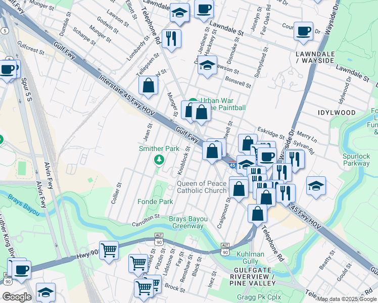 map of restaurants, bars, coffee shops, grocery stores, and more near 2322 Delafield Street in Houston