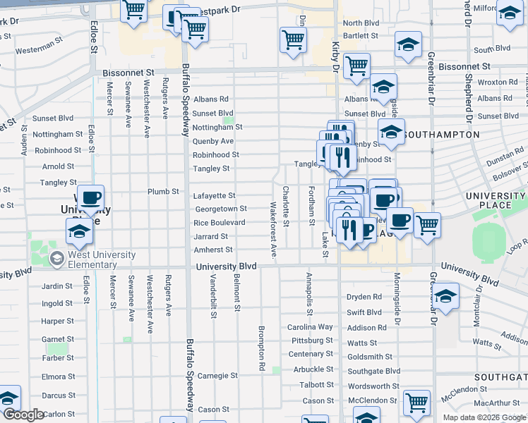 map of restaurants, bars, coffee shops, grocery stores, and more near 2803 Georgetown Street in Houston