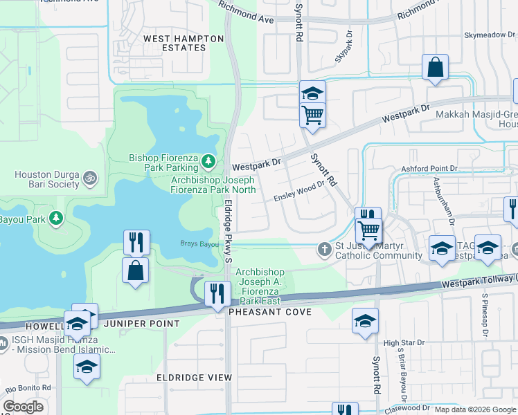 map of restaurants, bars, coffee shops, grocery stores, and more near 13403 Ensley Wood Drive in Houston