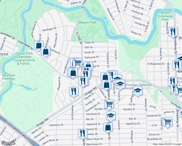 map of restaurants, bars, coffee shops, grocery stores, and more near 800 South 76th Street in Houston