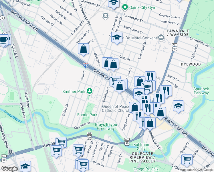 map of restaurants, bars, coffee shops, grocery stores, and more near 2322 Delafield Street in Houston