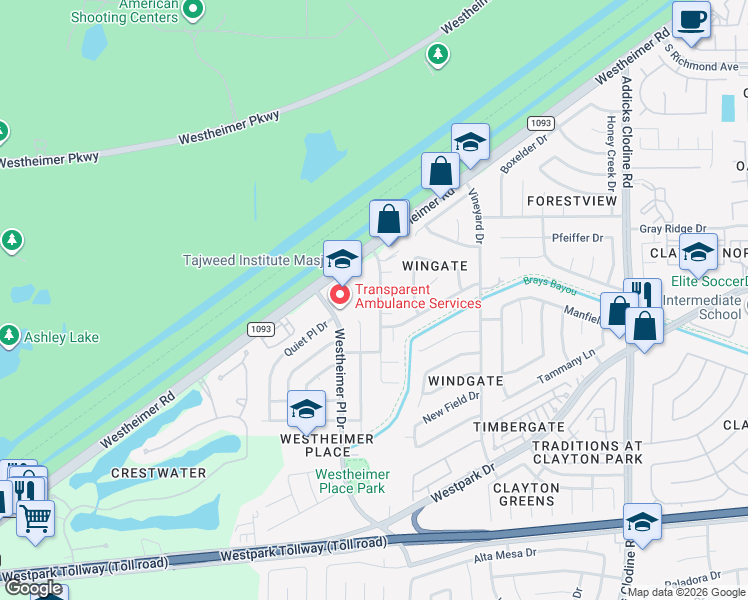map of restaurants, bars, coffee shops, grocery stores, and more near 3702 Wingate Park Drive in Houston