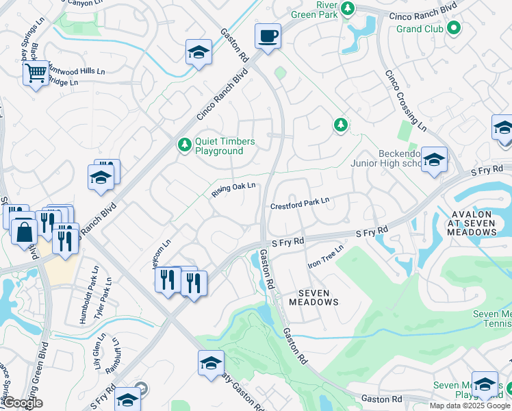 map of restaurants, bars, coffee shops, grocery stores, and more near 5502 Plumero Meadow Drive in Katy